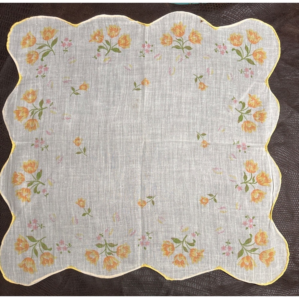 VTG Floral Handkerchief With Yellow Scalloped Edges & Orange Flowers 12" x 12"